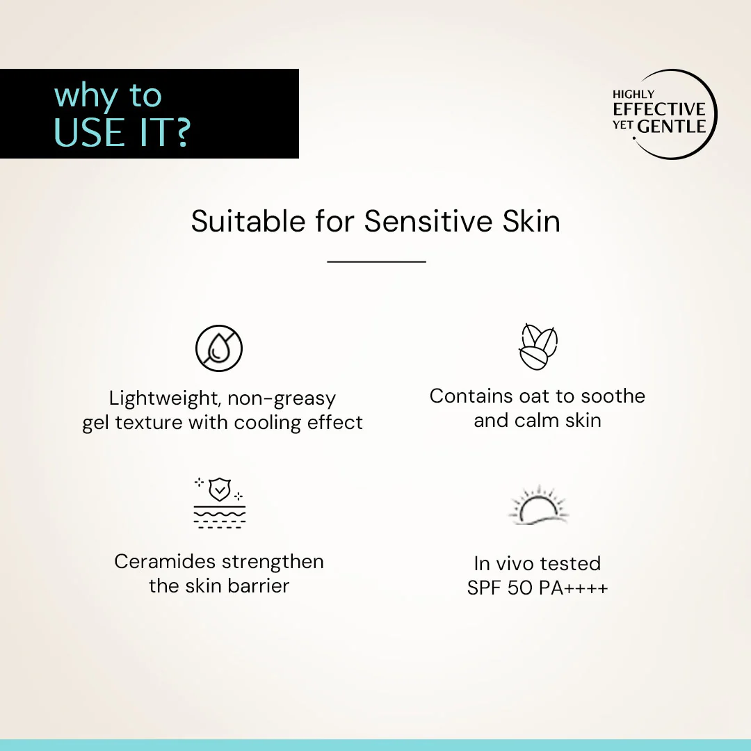 Oats and Ceramide Gel Sunscreen for Sensitive Skin - SPF 50 PA++++ |Soothes and Calms Skin| 100% Photostable Sunscreen with 4 New Gen UV Filters | Long Lasting | Lightweight | In-Vivo Tested - Image 5